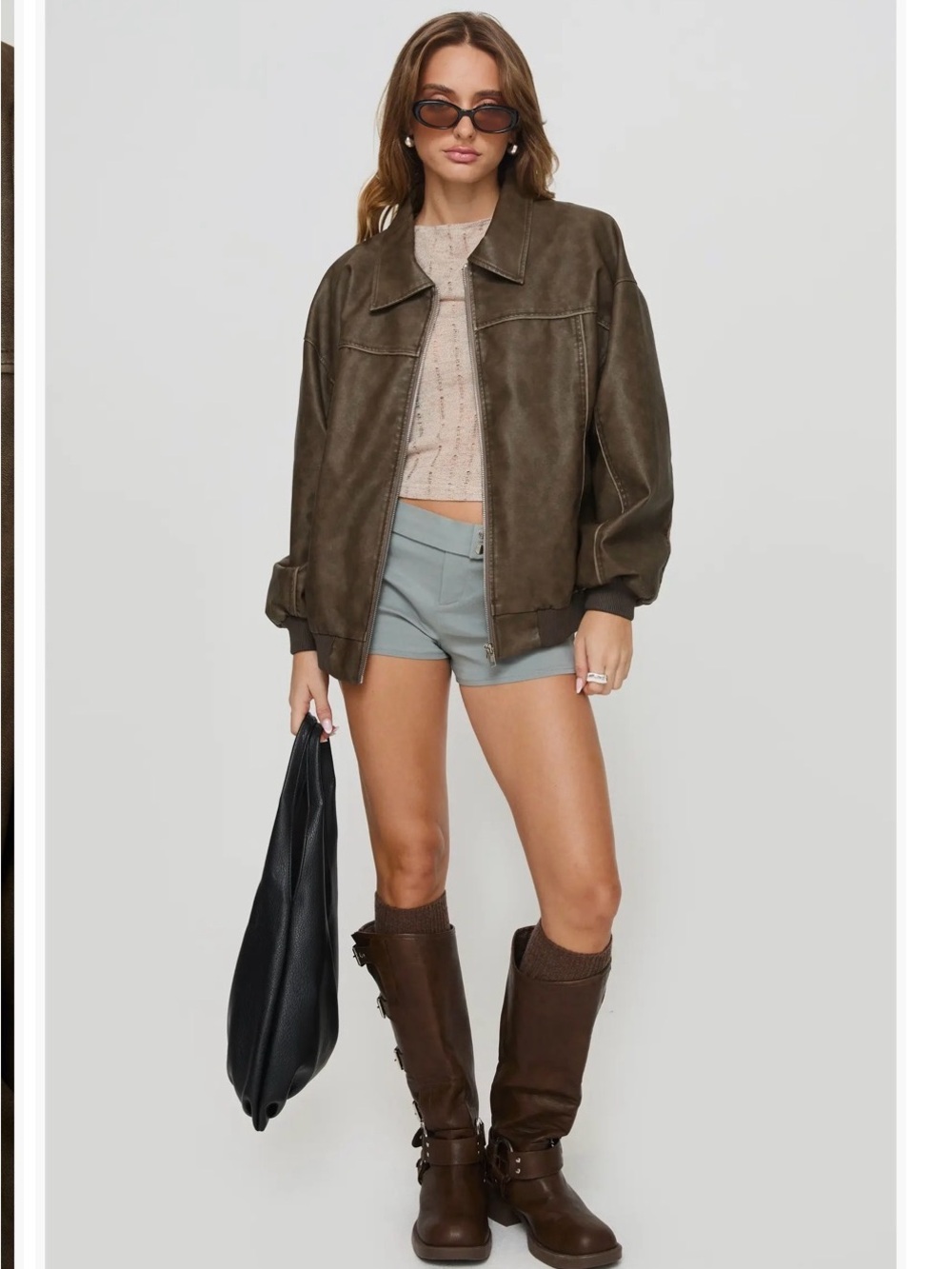 Princess Polly Olive Brown Faux-Leather Bomber Jacket